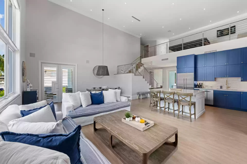 Blue-themed living room with loft